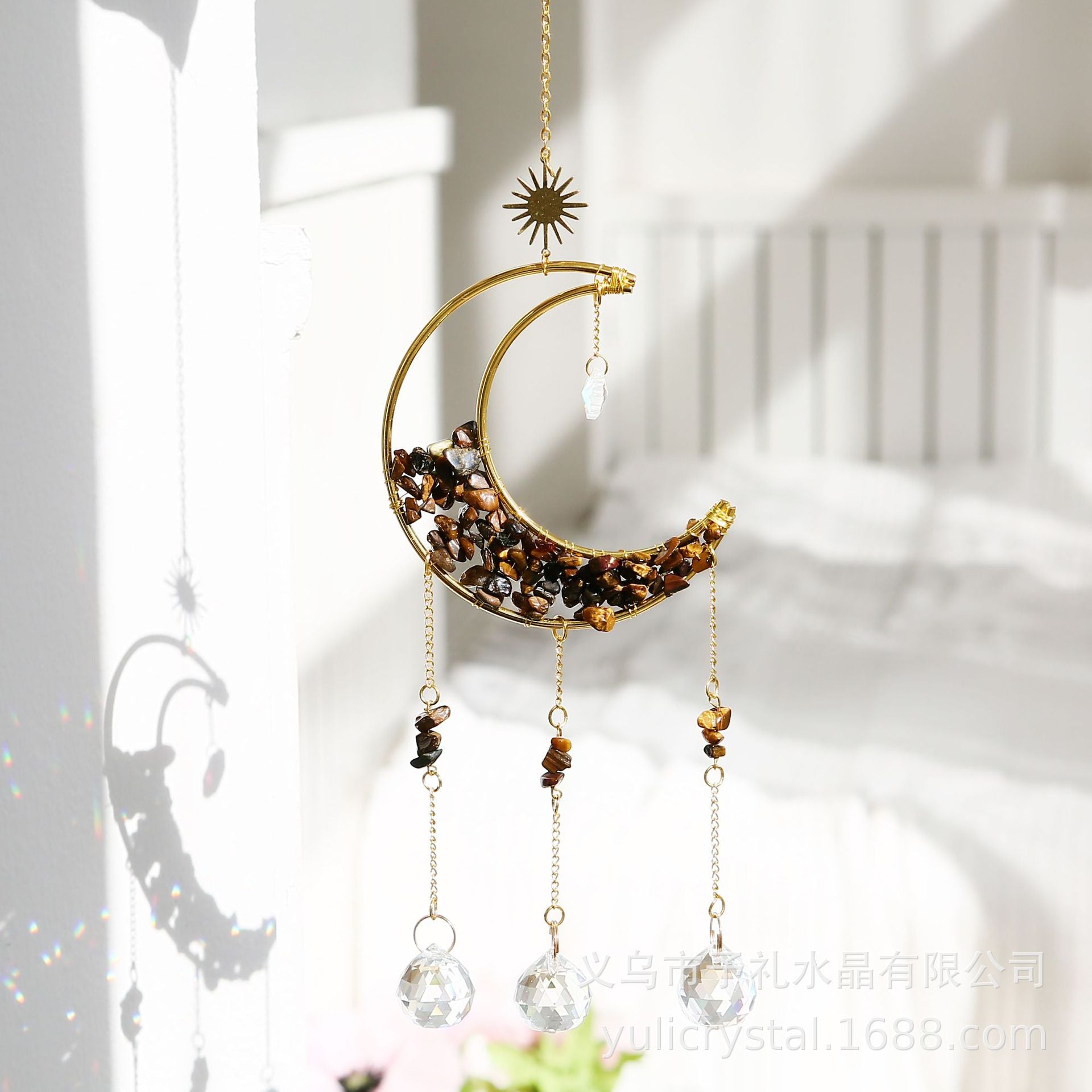 Wholesale Natural Gravel Moon Wind Chime Sun Catcher Pendant